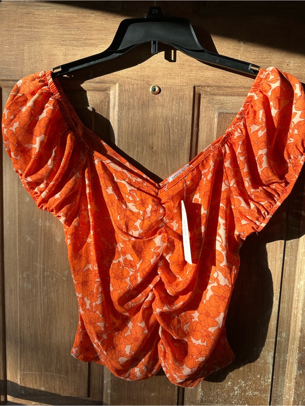 Sienna Sky Orange Floral Ruched Puff Sleeve Blouse